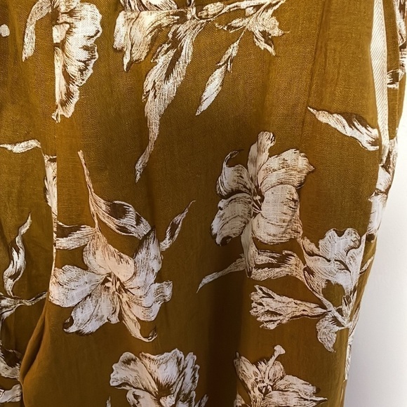 ZARA Paper Bag Waist Floral Pants Medium Tie Mustard Yellow Linen Straight - Picture 9 of 14